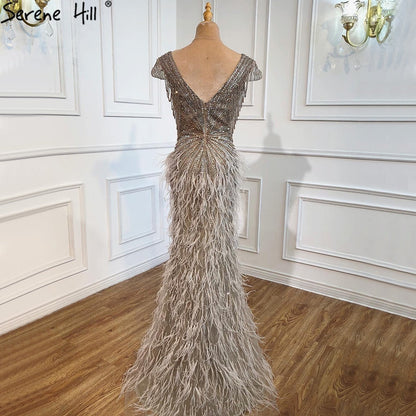 Luxury  Brown Mermaid Elegant Beaded Evening Dress Gown with Feathers LA70801