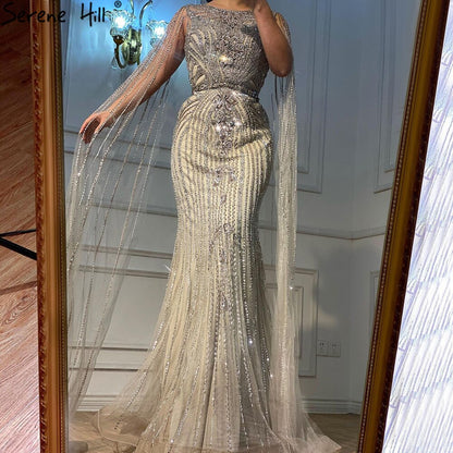 Luxury Brown Beaded Mermaid Evening Dress with Cape Sleeves LA70638