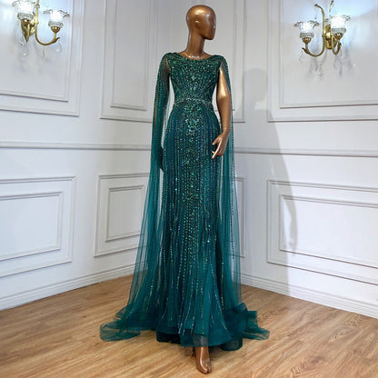 Luxury Brown Beaded Mermaid Evening Dress with Cape Sleeves LA70638