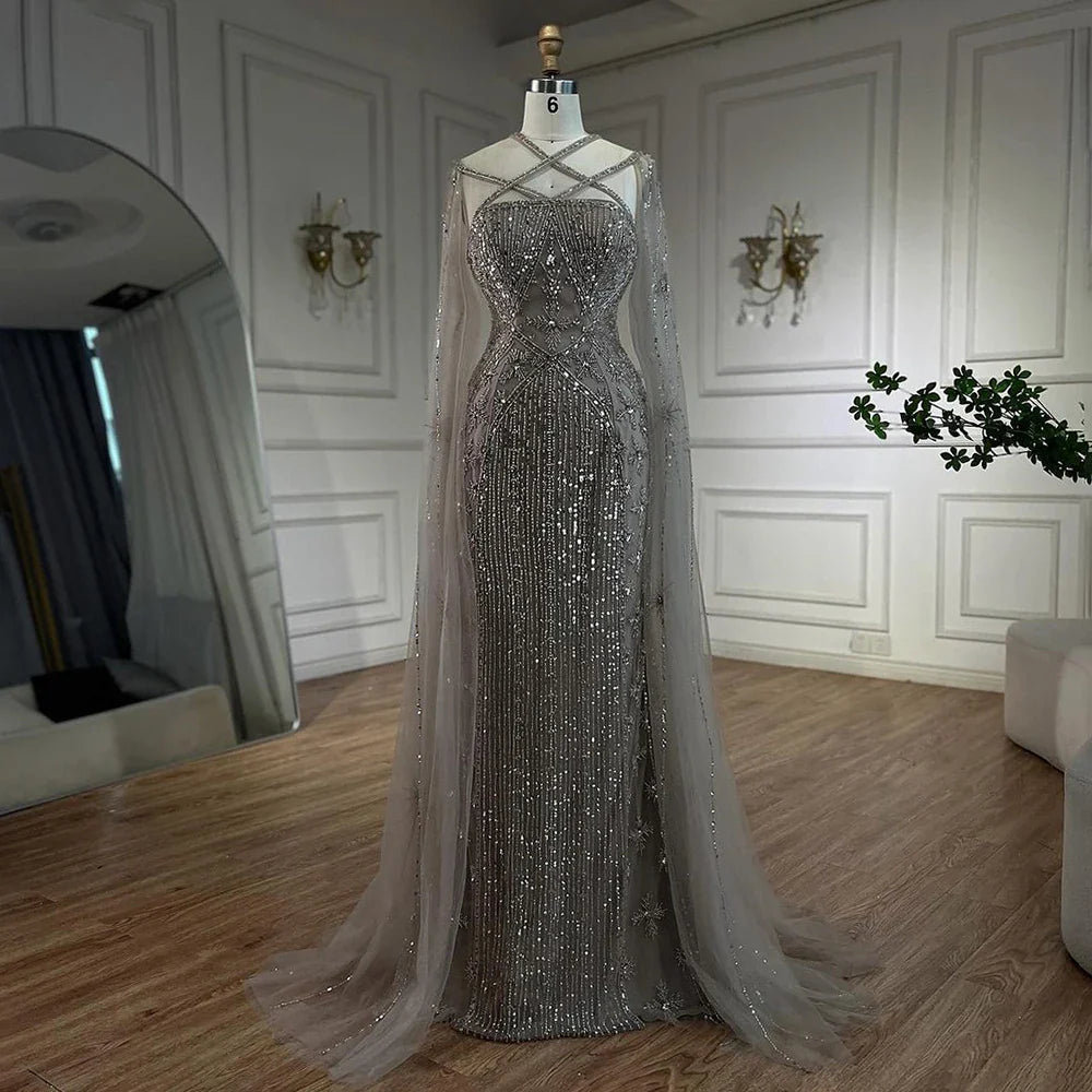 Caramel Cape Sleeves Beaded Mermaid Luxury Dubai Evening Dress LA71905B