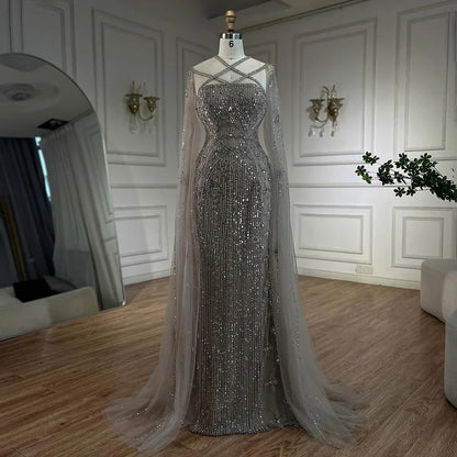 Caramel Cape Sleeves Beaded Mermaid Luxury Dubai Evening Dress LA71905B