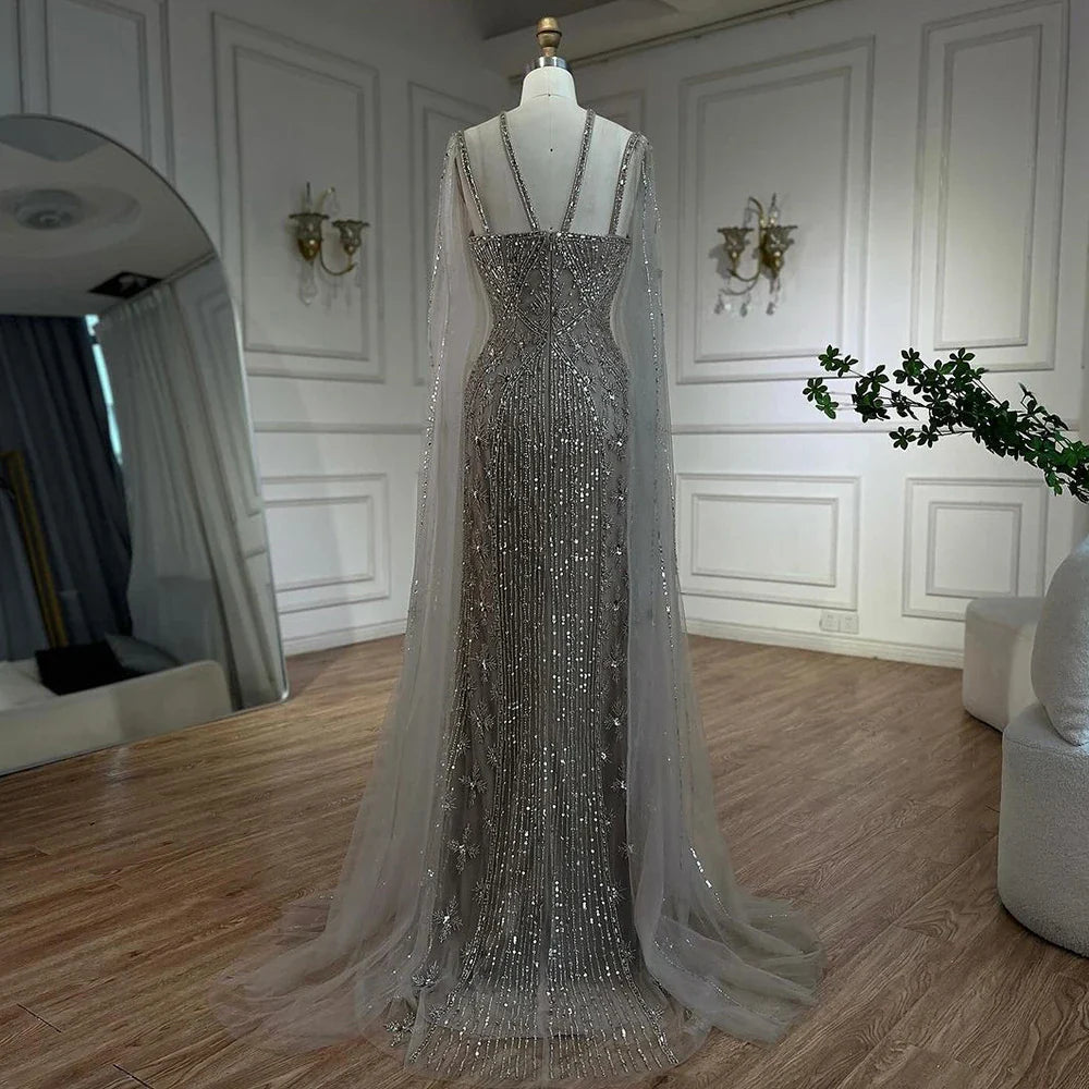 Caramel Cape Sleeves Beaded Mermaid Luxury Dubai Evening Dress LA71905B