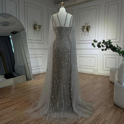 Caramel Cape Sleeves Beaded Mermaid Luxury Dubai Evening Dress LA71905B