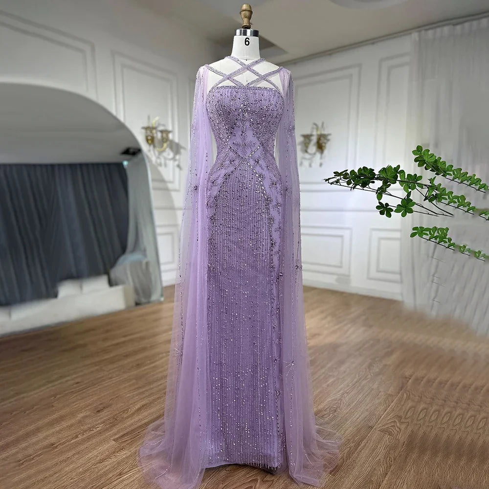 Caramel Cape Sleeves Beaded Mermaid Luxury Dubai Evening Dress LA71905B