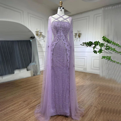 Caramel Cape Sleeves Beaded Mermaid Luxury Dubai Evening Dress LA71905B