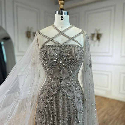 Caramel Cape Sleeves Beaded Mermaid Luxury Dubai Evening Dress LA71905B