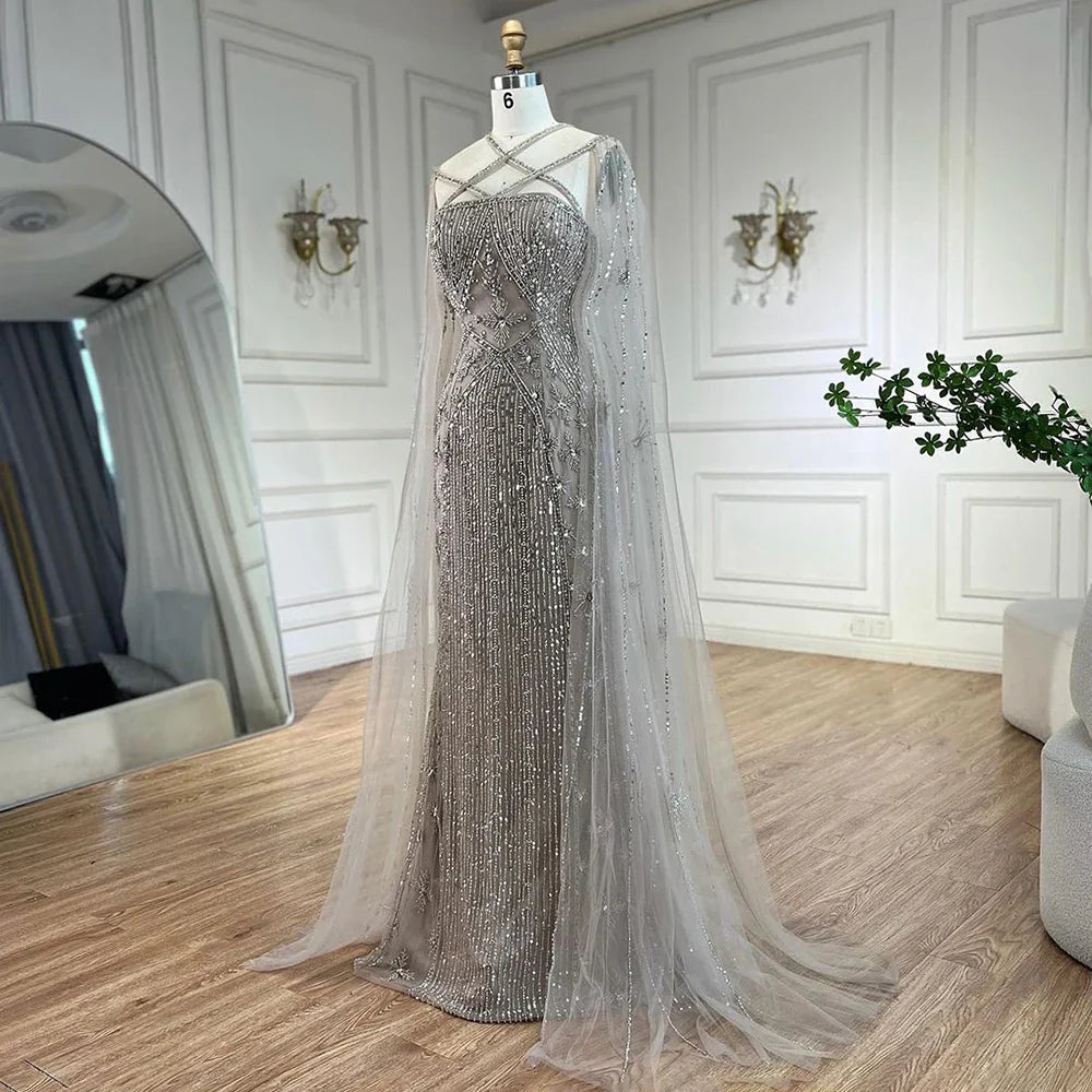 Caramel Cape Sleeves Beaded Mermaid Luxury Dubai Evening Dress LA71905B