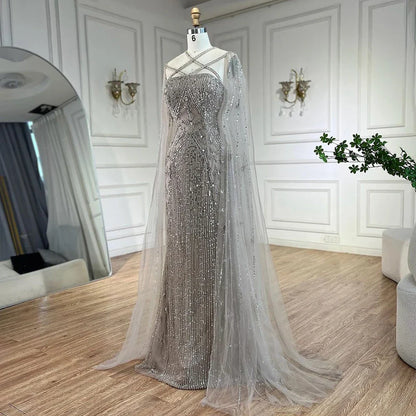 Caramel Cape Sleeves Beaded Mermaid Luxury Dubai Evening Dress LA71905B