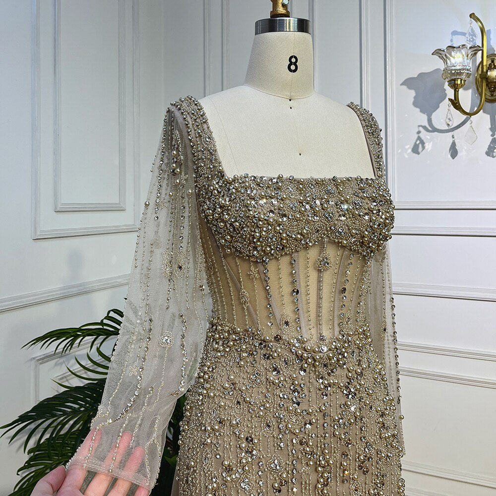 Luxury Caramel Long Sleeves Evening Dress with Overskirt  LA72014