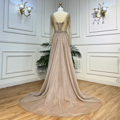 Luxury Caramel Long Sleeves Evening Dress with Overskirt  LA72014
