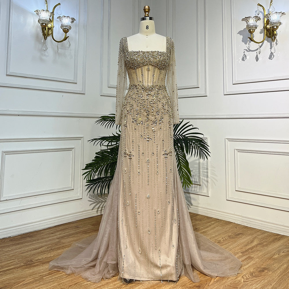 Luxury Caramel Long Sleeves Evening Dress with Overskirt  LA72014