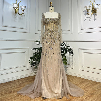 Luxury Caramel Long Sleeves Evening Dress with Overskirt  LA72014