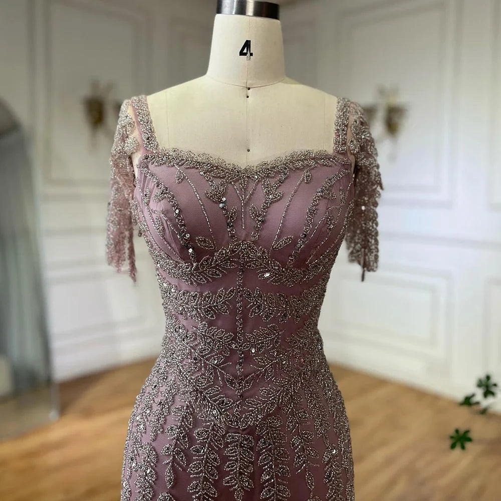 Pink Mermaid Beaded Evening Dress with Short Sleeves LA72787