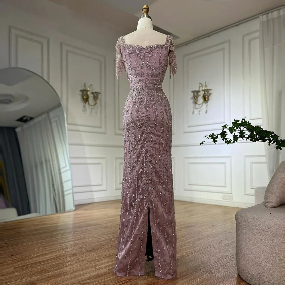 Pink Mermaid Beaded Evening Dress with Short Sleeves LA72787