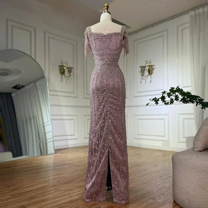 Pink Mermaid Beaded Evening Dress with Short Sleeves LA72787
