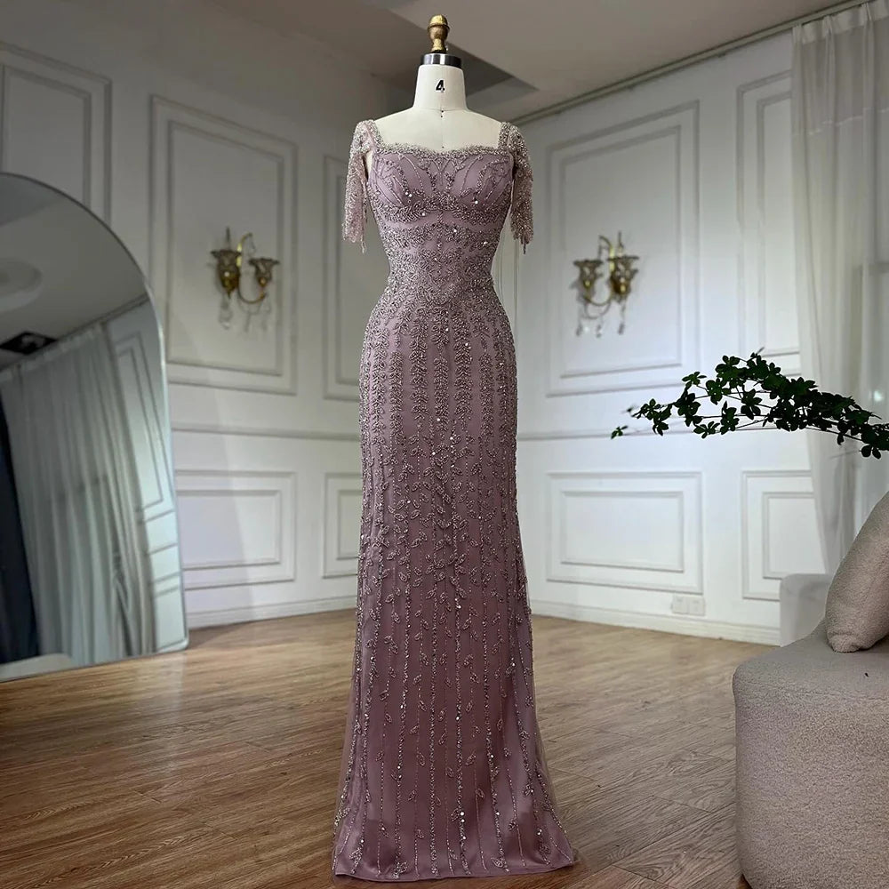 Pink Mermaid Beaded Evening Dress with Short Sleeves LA72787