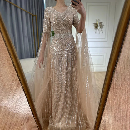 Luxury Dubai Caramel A-Line Beaded Evening Dress with Cape Sleeves LA72798