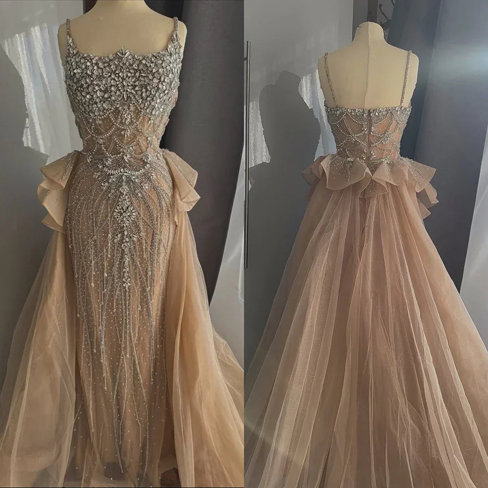Luxury Dubai Nude Saudi Beaded Spaghetti Strap Evening Dress with Overskirt LA72810