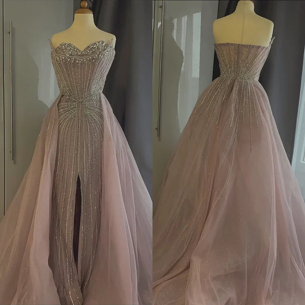 Luxury Dubai Nude Beaded Mermaid Evening Dress with Overskirt LA72811