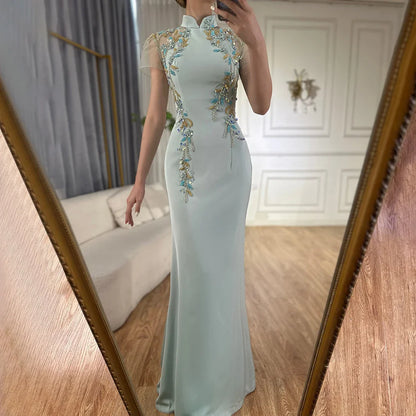Luxury Mint Beaded Satin Mermaid Evening Dress with   LA72797