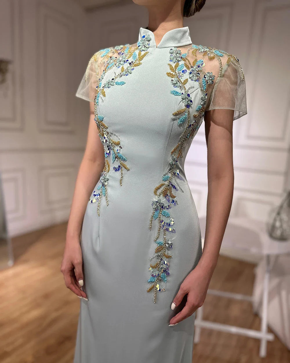 Luxury Mint Beaded Satin Mermaid Evening Dress with Corset LA72797