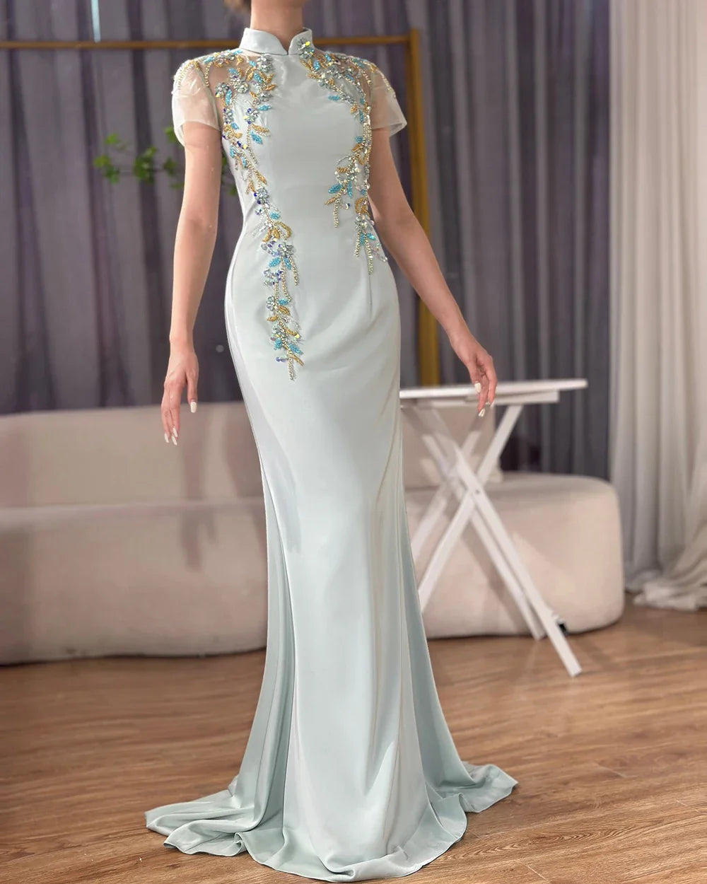 Luxury Mint Beaded Satin Mermaid Evening Dress with Corset LA72797