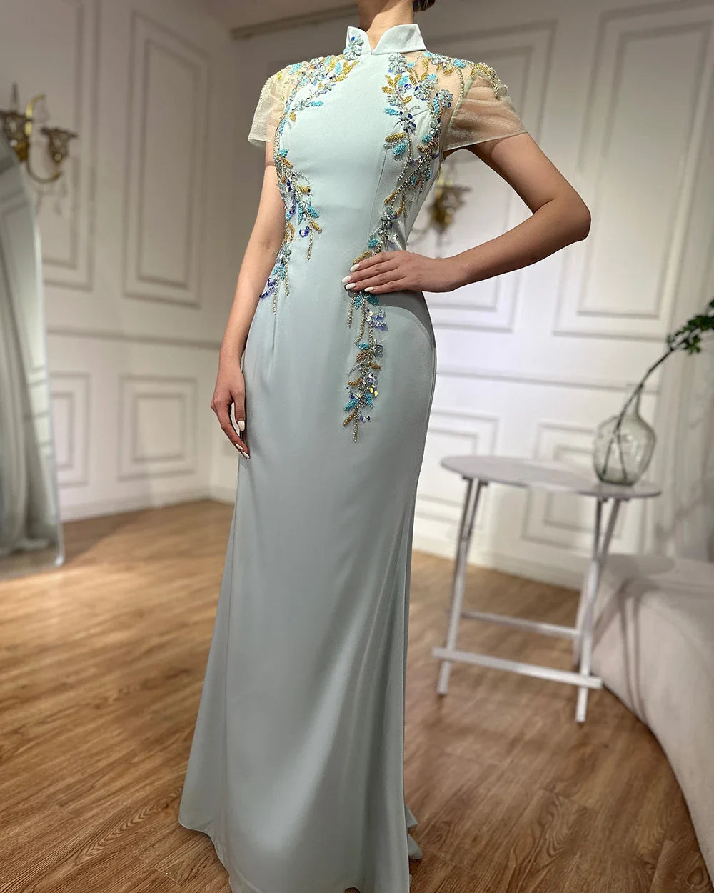 Luxury Mint Beaded Satin Mermaid Evening Dress with Corset LA72797