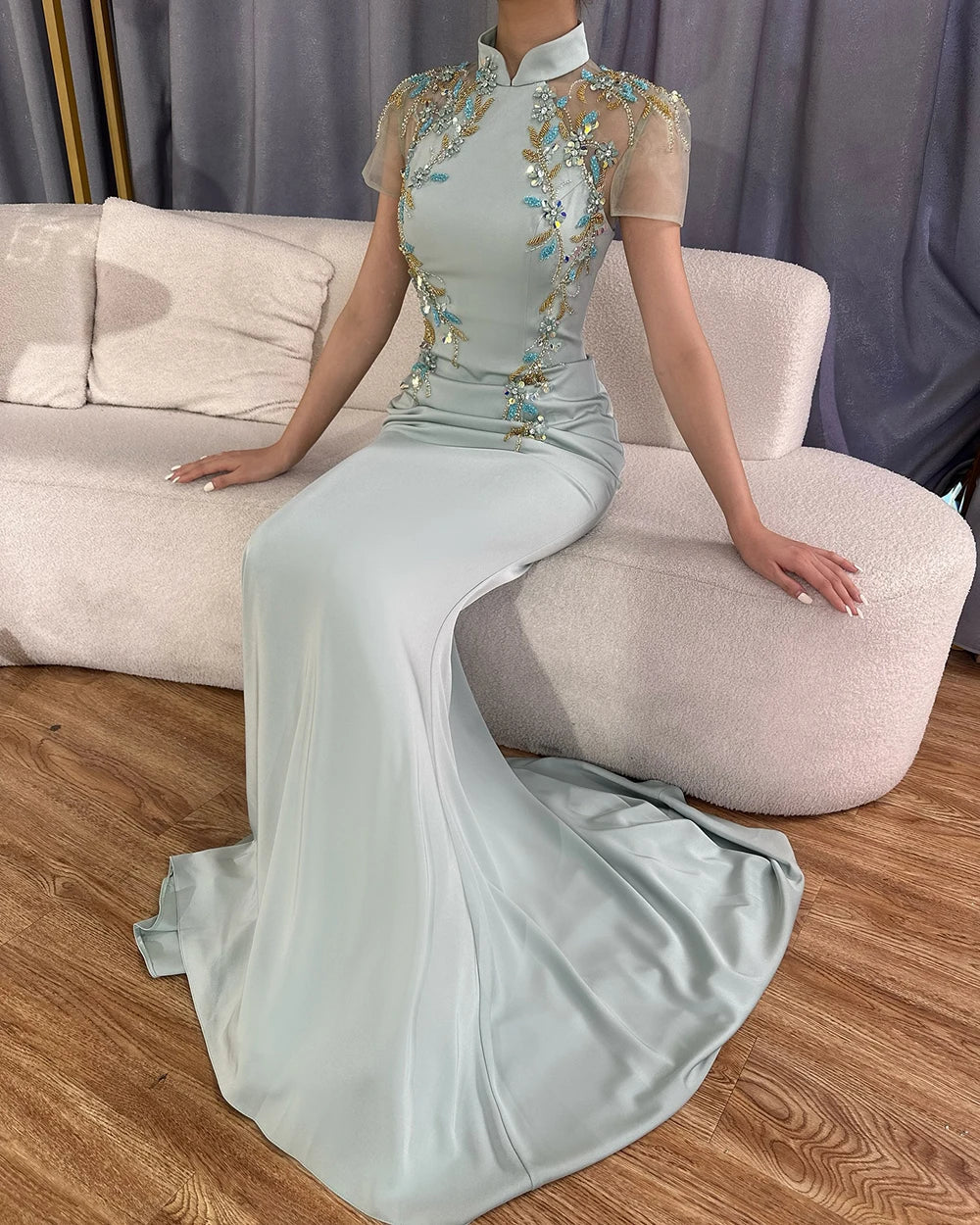 Luxury Mint Beaded Satin Mermaid Evening Dress with Corset LA72797