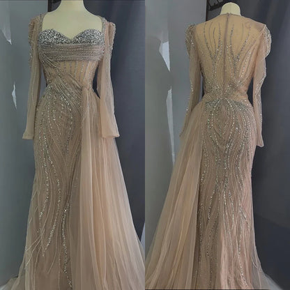 Luxury Nude Beaded Crystal Evening Dress with Overskirt LA72812