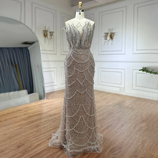 Luxury Nude Saudi Pearls Mermaid Evening Dresses Gowns for Formal Occasion LA72816