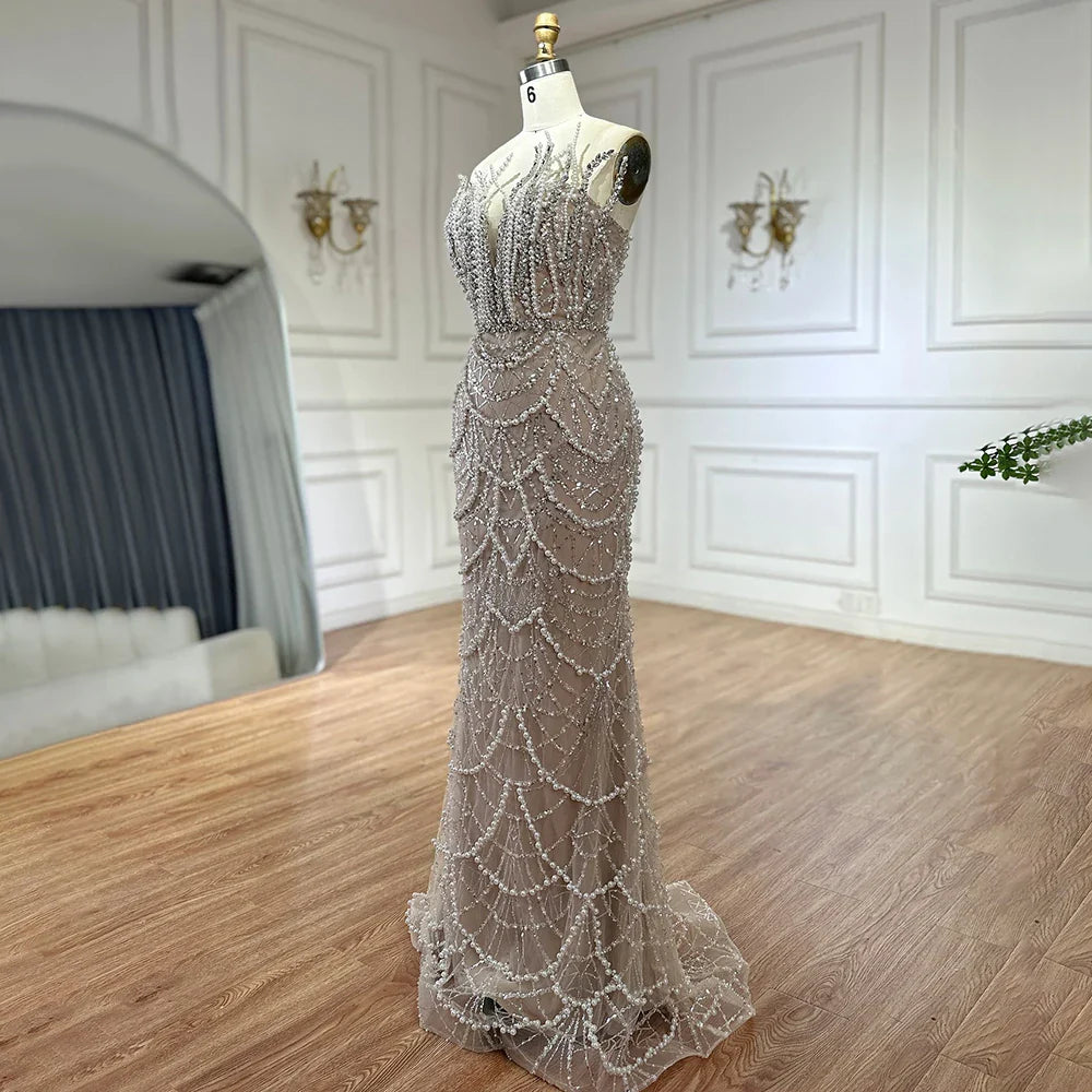 Luxury Nude Saudi Pearls Mermaid Evening Dresses Gowns for Formal Occasion LA72816