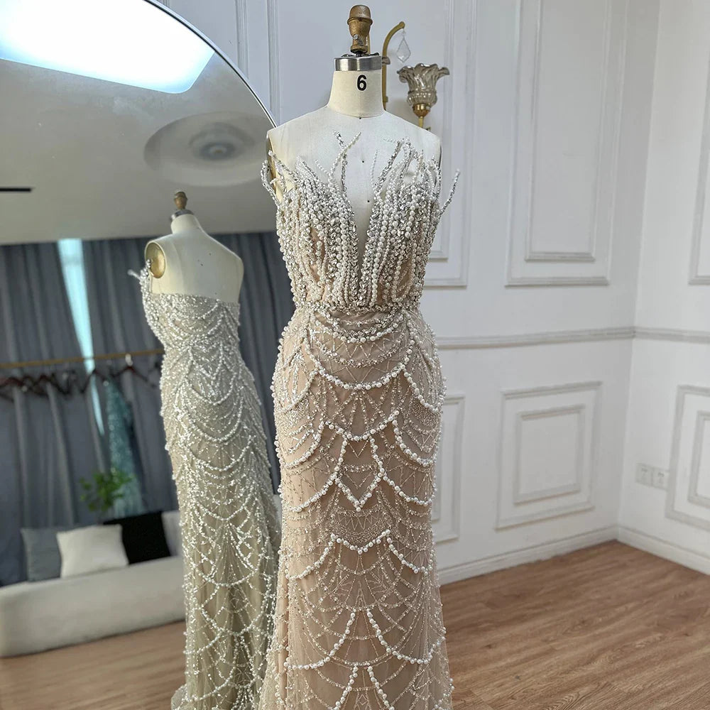 Luxury Nude Saudi Pearls Mermaid Evening Dresses Gowns for Formal Occasion LA72816