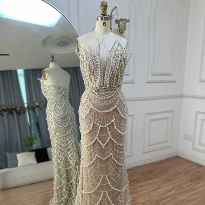 Luxury Nude Saudi Pearls Mermaid Evening Dresses Gowns for Formal Occasion LA72816