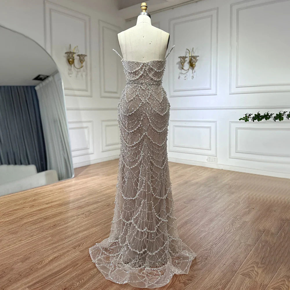 Luxury Nude Saudi Pearls Mermaid Evening Dresses Gowns for Formal Occasion LA72816