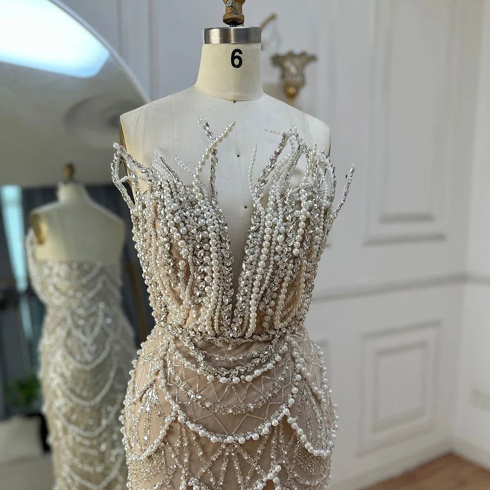 Luxury Nude Saudi Pearls Mermaid Evening Dresses Gowns for Formal Occasion LA72816