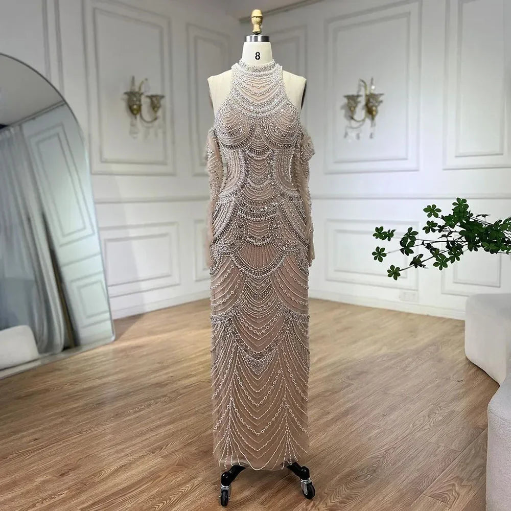 Luxury Dubai  Arabia Nude Mermaid Elegant Evening Dress Gowns with Pearls Beaded for Formal Occasion  LA72091A
