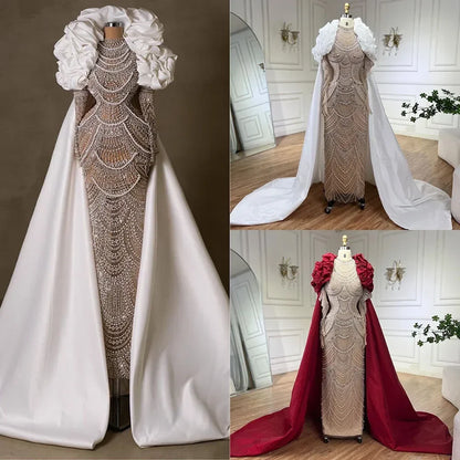 Luxury Dubai  Arabia Nude Mermaid Elegant Evening Dress Gowns with Pearls Beaded for Formal Occasion  LA72091A