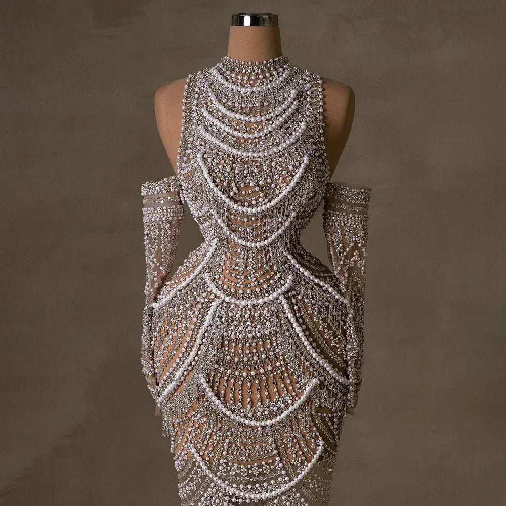 Luxury Dubai  Arabia Nude Mermaid Elegant Evening Dress Gowns with Pearls Beaded for Formal Occasion  LA72091A