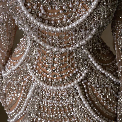Luxury Dubai  Arabia Nude Mermaid Elegant Evening Dress Gowns with Pearls Beaded for Formal Occasion  LA72091A