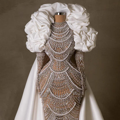 Luxury Dubai  Arabia Nude Mermaid Elegant Evening Dress Gowns with Pearls Beaded for Formal Occasion  LA72091A