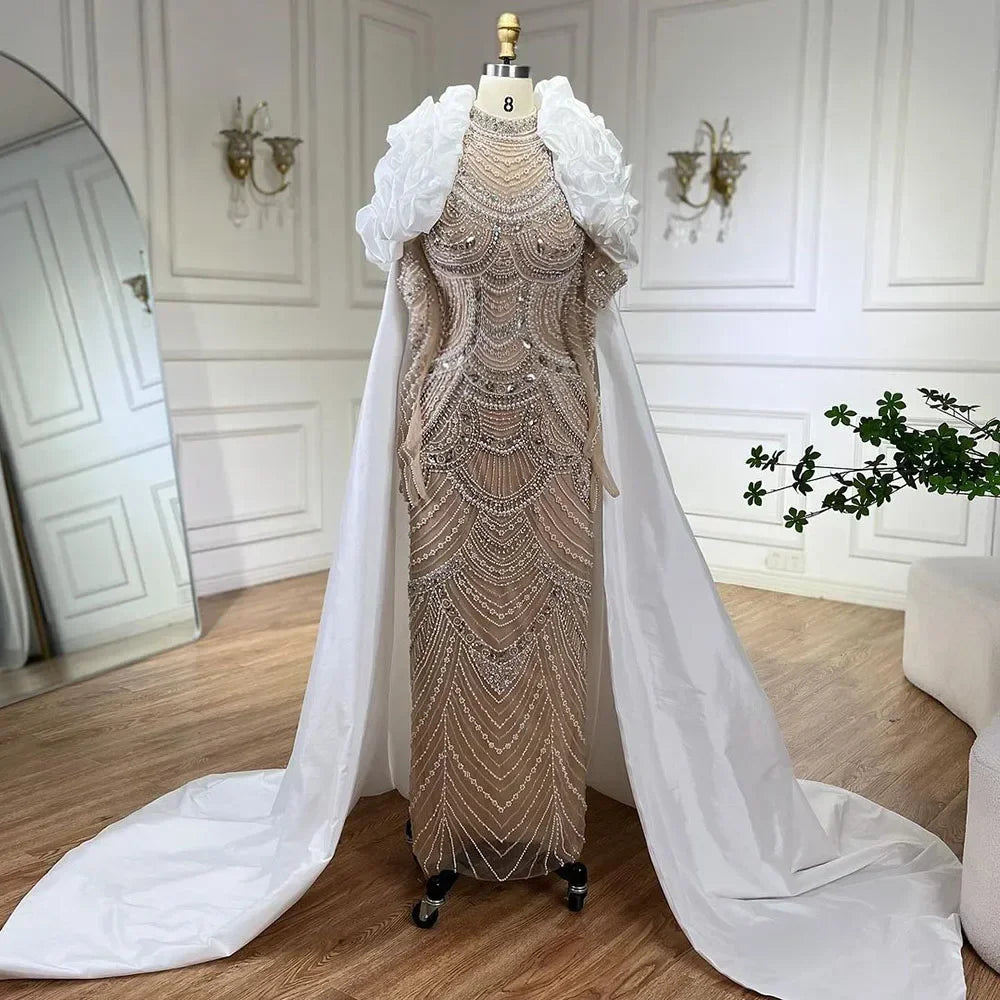 Luxury Dubai  Arabia Nude Mermaid Elegant Evening Dress Gowns with Pearls Beaded for Formal Occasion  LA72091A