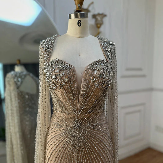 Luxury Nude Cape Sleeves Evening Gowns For Wedding Party  LA72575