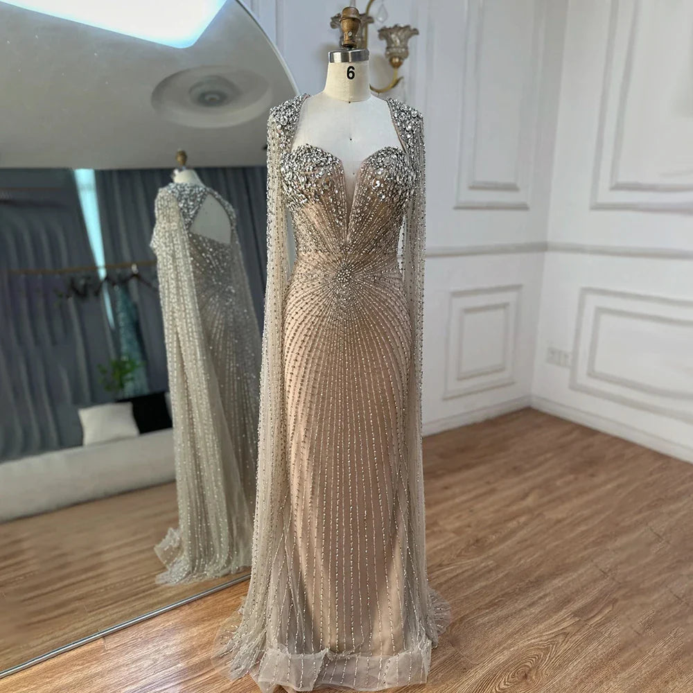 Luxury Nude Cape Sleeves Evening Gowns For Wedding Party  LA72575