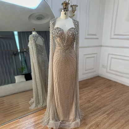 Luxury Nude Cape Sleeves Evening Gowns For Wedding Party  LA72575