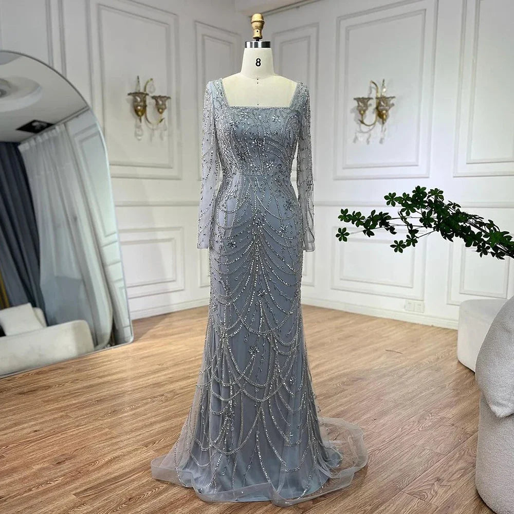 Luxury Green Crystal Beaded Arabic Mermaid Dress Evening Gown LA72242