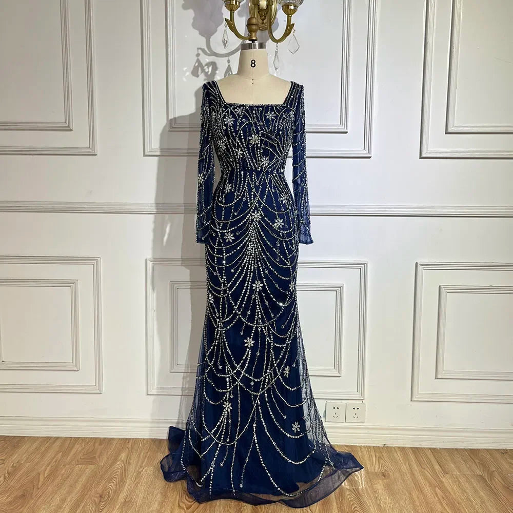 Luxury Green Crystal Beaded Arabic Mermaid Dress Evening Gown LA72242