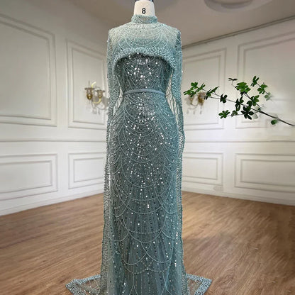 Luxury Designer Pearls Green Evening Dresses with Cape LA72032
