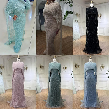 Luxury Designer Pearls Green Evening Dresses with Cape LA72032