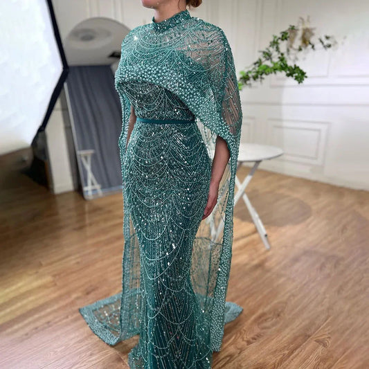 Luxury Designer Pearls Green Evening Dresses with Cape LA72032