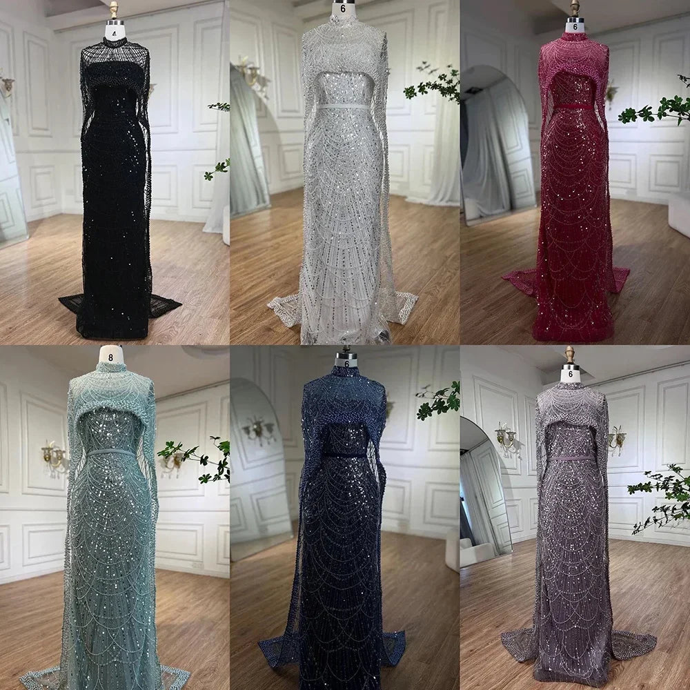 Luxury Designer Pearls Green Evening Dresses with Cape LA72032